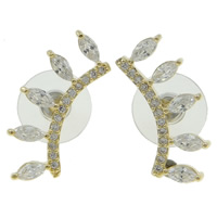 Cubic Zircon Brass Earring, with plastic earnut, Branch, gold color plated, with cubic zirconia & with rhinestone, nickel, lead & cadmium free 