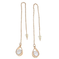 Brass Thread Through Earrings, with plastic earnut & Cubic Zirconia, Teardrop, rose gold color plated, nickel, lead & cadmium free 