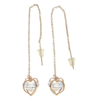 Brass Thread Through Earrings, with plastic earnut & Cubic Zirconia, Heart, rose gold color plated, faceted, nickel, lead & cadmium free 
