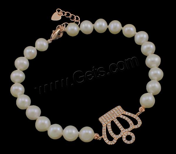 Cultured Freshwater Pearl Bracelets, brass clasp, with 3.8cm extender chain, Crown, natural, different styles for choice & micro pave cubic zirconia, more colors for choice, 6-7mm, 24x18x2mm, Length:Approx 7.5 Inch, Sold By Strand