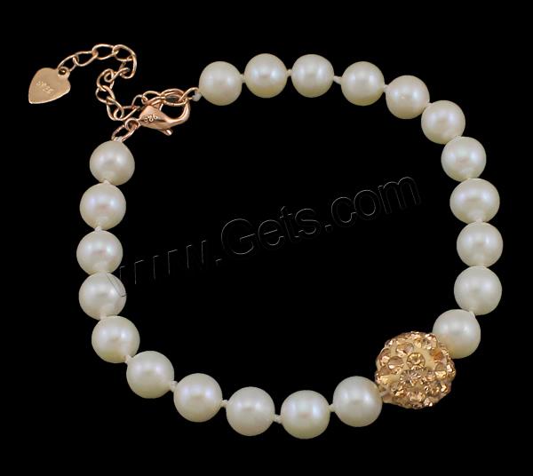 Cultured Freshwater Pearl Bracelets, with Rhinestone Clay Pave Bead, brass clasp, with 3.8cm extender chain, Round, natural, with 45 pcs rhinestone & different styles for choice, more colors for choice, 6-7mm, 10mm, Length:Approx 7.5 Inch, Sold By Strand