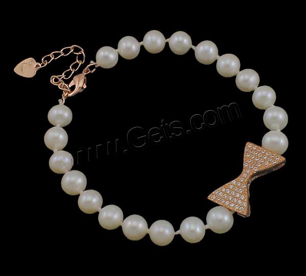 Cultured Freshwater Pearl Bracelets, brass clasp, with 3.5cm extender chain, Bowknot, natural, different styles for choice & micro pave cubic zirconia, more colors for choice, 6-7mm, 19x12x3mm, Length:Approx 7.5 Inch, Sold By Strand