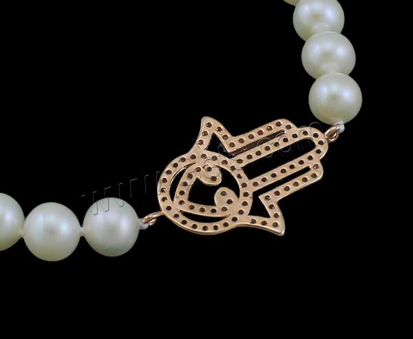 Cultured Freshwater Pearl Bracelets, brass clasp, with 3.5cm extender chain, Hamsa, natural, Islamic jewelry & different styles for choice & micro pave cubic zirconia, more colors for choice, 6-7mm, 19x29x2mm, Length:Approx 7.5 Inch, Sold By Strand