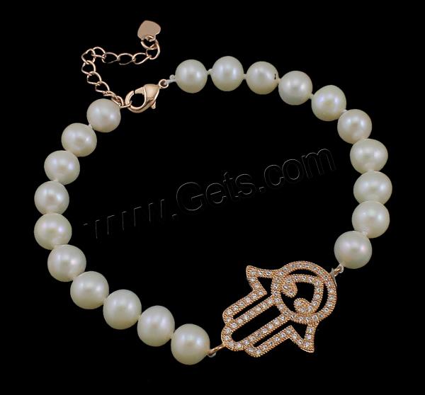 Cultured Freshwater Pearl Bracelets, brass clasp, with 3.5cm extender chain, Hamsa, natural, Islamic jewelry & different styles for choice & micro pave cubic zirconia, more colors for choice, 6-7mm, 19x29x2mm, Length:Approx 7.5 Inch, Sold By Strand