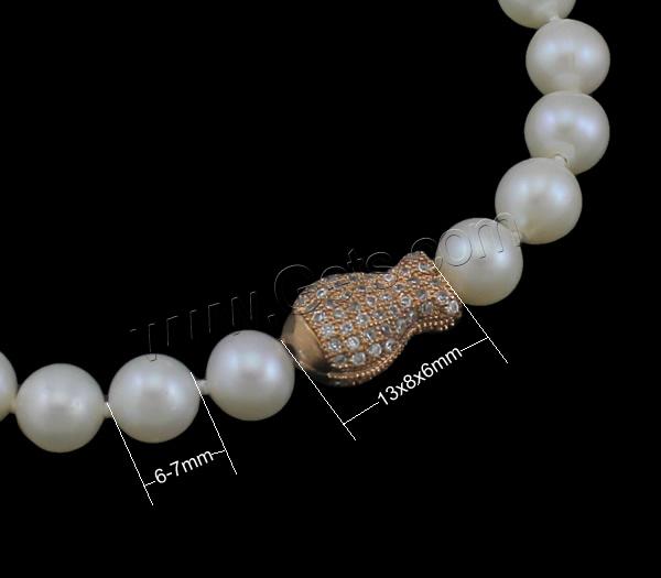 Bracelets de perles, perle d'eau douce cultivée, laiton fermoir, avec 3.5cm chaînes de rallonge, poisson, naturel, styles différents pour le choix & pavé de micro zircon, plus de couleurs à choisir, 6-7mm, 13x8x6mm, Longueur:Environ 7.5 pouce, Vendu par brin