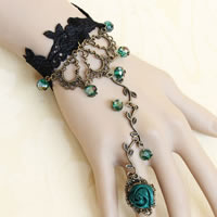 Gothic Bracelet Ring, Lace, with Satin Ribbon & Crystal & Zinc Alloy, with 2.5Inch extender chain, Flower, antique bronze color plated, adjustable, black, nickel, lead & cadmium free, 30mm, US Ring .5 Approx 6 Inch 