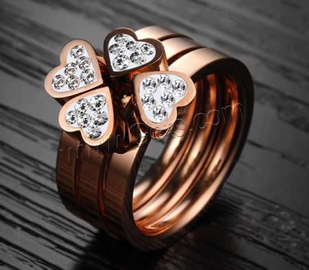 Stainless Steel Ring Set, Four Leaf Clover, rose gold color plated, different size for choice & with cubic zirconia, 7.6mm, 20Sets/Bag, 3PCs/Set, Sold By Bag