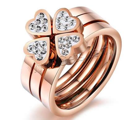 Stainless Steel Ring Set, Four Leaf Clover, rose gold color plated, different size for choice & with cubic zirconia, 7.6mm, 20Sets/Bag, 3PCs/Set, Sold By Bag