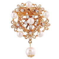 Dual Use Brooch Scarf Buckle, Zinc Alloy, with Glass Pearl, Flower, rose gold color plated, with rhinestone, nickel, lead & cadmium free, 55mm 
