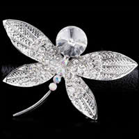 Rhinestone Zinc Alloy Brooch, with Crystal, Dragonfly, platinum color plated, faceted & with rhinestone, clear, nickel, lead & cadmium free 
