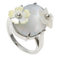 Shell Finger Ring, Brass, with Black Shell & White Shell, Flower, platinum color plated, nickel, lead & cadmium free US Ring .5 