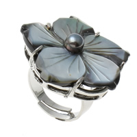 Shell Finger Ring, Brass, with Black Shell, Flower, platinum color plated, adjustable, nickel, lead & cadmium free US Ring 