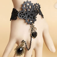Gothic Bracelet Ring, Lace, with Resin & Zinc Alloy, with 2.5Inch extender chain, Gear Wheel, plated, adjustable & faceted, black, nickel, lead & cadmium free, 28mm, US Ring .5 Approx 6 Inch 