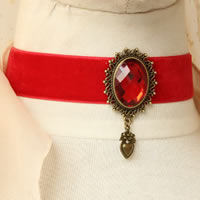 Готический Кружева ожерелье, бархатная лента, с канифоль & цинковый сплав, с 2.5Inch наполнитель цепи, Форма цветка, Покрытие под бронзу старую, граненый, красный, не содержит никель, свинец, 25mm, длина:Приблизительно 12 дюймовый, продается Strand