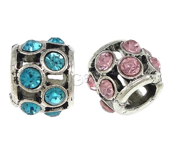 Rhinestone Zinc Alloy European Beads, Rondelle, plated, without troll & with rhinestone & hollow & blacken, more colors for choice, nickel, lead & cadmium free, 8x11mm, Hole:Approx 5.5mm, Sold By PC