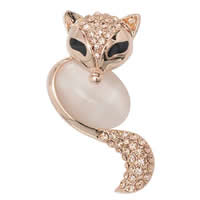 Cats Eye Brooch, Zinc Alloy, with Cats Eye, Fox, rose gold color plated, enamel & with rhinestone, nickel, lead & cadmium free, 40mm 