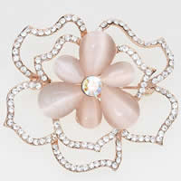 Cats Eye Brooch, Zinc Alloy, with Cats Eye, Flower, rose gold color plated, with rhinestone, nickel, lead & cadmium free, 42mm 