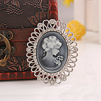 Resin Brooch, Zinc Alloy, with Resin, Flat Oval, platinum color plated, lady cameo & with rhinestone, nickel, lead & cadmium free 
