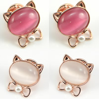 Collar Jewelry Brooch, Zinc Alloy, with Cats Eye & Glass Pearl, Cat, rose gold color plated, mixed colors, nickel, lead & cadmium free 