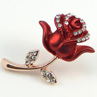 Collar Jewelry Brooch, Zinc Alloy, Flower, rose gold color plated, stoving varnish & with rhinestone, red, nickel, lead & cadmium free 