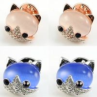 Collar Jewelry Brooch, Zinc Alloy, with Cats Eye, Cat, plated, with rhinestone, mixed colors, nickel, lead & cadmium free 