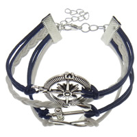 Combined Bracelet, PU Leather, anchor & Ship Wheel & compass & infinity, with Wax Cord, with 1lnch extender chain, antique silver color plated, nautical pattern & multi-strand, lead & cadmium free, 60mm Approx 6-7.8 Inch 