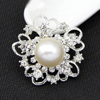 Kunststoff-Perlen-Brosche, Zinklegierung, mit Kunststoff Perlen, Blume, Platinfarbe platiniert, mit Strass, 33x33mm, verkauft von PC