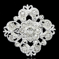 Broche de diamantes de imitación de la aleación de Zinc, Flor, chapado en color de plata, con diamantes de imitación, 29x29mm, Vendido por UD