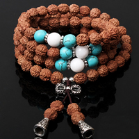 Wrist Mala, Rudraksha, with turquoise & Fluted Giant & Zinc Alloy, silver color plated, Buddhist jewelry &  & blacken, 8mm Approx 31 Inch 
