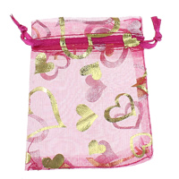 Organza Jewelry Pouches Bags, with heart pattern & gold accent, fuchsia 