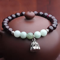 Natural Garnet Bracelet, with Jadeite & Zinc Alloy, Lotus Seedpod, silver color plated, January Birthstone, 7mm Approx 7 Inch 