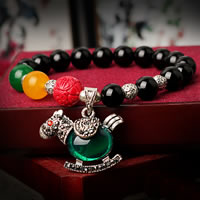 Black Agate Bracelets, with Green Calcedony & Yellow Calcedony & Cinnabar & Zinc Alloy, Horse, silver color plated, charm bracelet & with rhinestone, 8mm Approx 7 Inch 