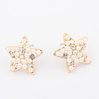 Glass Pearl Stud Earring, Zinc Alloy, with Glass Pearl, stainless steel post pin, Star, gold color plated, with rhinestone, nickel, lead & cadmium free 