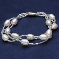 Bracelets de perles en verre  , perle d'eau douce cultivée, avec perles de rocaille en verre, laiton fermoir magnétique, riz, naturel, 3 brins, blanc, 6-7mm Environ 7 pouce, Vendu par brin