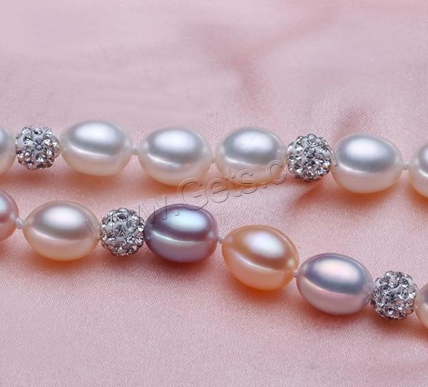 Rhinestone Pearl Bracelets, Freshwater Pearl, with Rhinestone Clay Pave Bead, brass lobster clasp, with 3.5cm extender chain, Rice, natural, with 42 pcs rhinestone & different size for choice, multi-colored, Length:Approx 7 Inch, Sold By Strand