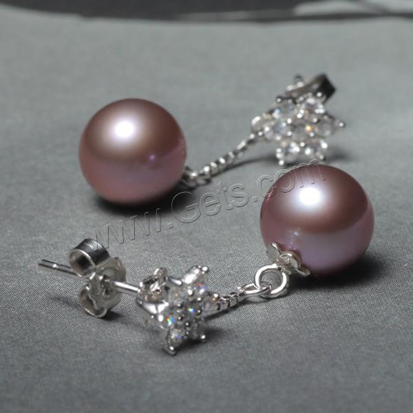Freshwater Pearl Drop Earring, with Brass, Round, natural, different size for choice & micro pave cubic zirconia, purple, Sold By Pair