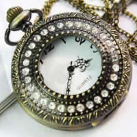Watch Necklace, iron chain, with zinc alloy dial, Flat Round, with rhinestone, 45mm Approx 31 Inch 