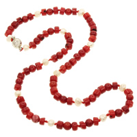 Natural Coral Necklace, with pearl, brass magnetic clasp, red, 6mm, 5-7mm Approx 17 Inch 