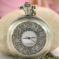 Uhr-Halskette, Zinklegierung, flache Runde, 40mm, Länge:ca. 31 ZollInch, verkauft von Strang