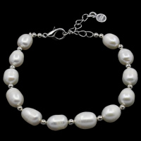 bracelet en laiton de perle d'eau douce cultivée, avec laiton, avec 4cm chaînes de rallonge, riz, naturel, blanc, 7-8mm Environ 7 pouce, Vendu par brin
