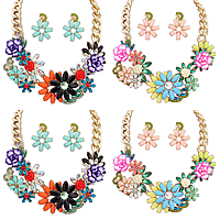 Statement Jewelry Sets, Zinc Alloy, earring & necklace, with Crystal & Resin, with 1.9Inch extender chain, Flower, gold color plated, curb chain & enamel & faceted & with rhinestone nickel, lead & cadmium free, 52mm Approx 18.8 Inch 