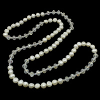 Crystal Freshwater Pearl Sweater Necklace, with Crystal, Baroque, natural, faceted, white, 10-11mm  Approx 42.5 Inch 