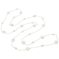 Пресноводные перлы ожерелье цепи свитера, Пресноводные жемчуги, с медные цепи, натуральный, мяч цепь, белый, 7-13mm, длина:Приблизительно 47 дюймовый, продается Strand