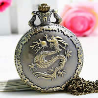 Watch Necklace, Zinc Alloy, Flat Round, antique bronze color plated, with chinese zodiac pattern & twist oval chain & with flower pattern, 45mm Approx 31 Inch 