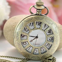Uhr-Halskette, Zinklegierung, mit Glas, flache Runde, antike Bronzefarbe plattiert, Twist oval & mit Blumenmuster, 48mm, Länge:ca. 31 ZollInch, verkauft von Strang