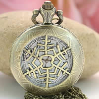 Uhr-Halskette, Zinklegierung, flache Runde, 40mm, Länge:ca. 31 ZollInch, verkauft von Strang