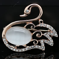Cats Eye Brooch, Zinc Alloy, with Cats Eye, Swan, rose gold color plated, with rhinestone, white, nickel, lead & cadmium free 