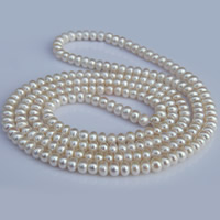 De agua dulce naturales collar de perlas largo, Perlas cultivadas de agua dulce, Botón, longitud diferente para la opción, Blanco, 7-8mm, Vendido por Sarta