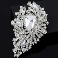 Crystal Brooch, Zinc Alloy, with Crystal, Leaf, platinum color plated, faceted & with rhinestone, clear, nickel, lead & cadmium free 