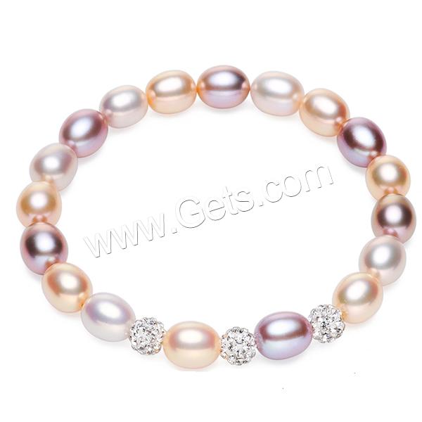 Cultured Freshwater Pearl Bracelets, with Clay Pave, Rice, natural, different size for choice & with cubic zirconia, multi-colored, Length:Approx 7 Inch, Sold By Strand